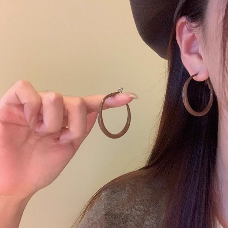 铜合金耳饰 美拉德咖色耳环高级感方圆脸百搭素圈耳饰耳圈耳钉