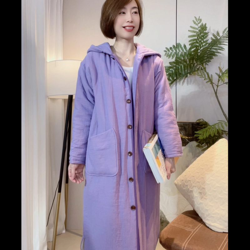 『纱布棉袍』秋冬纯棉纱加厚翻领外穿款连帽家居服夹棉袍子LZ2946