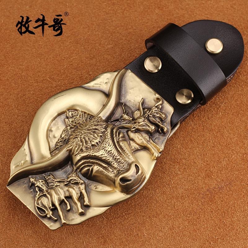 【品正定制】板扣立体大牛头实心黄铜针扣套装头层牛皮百搭男士真皮