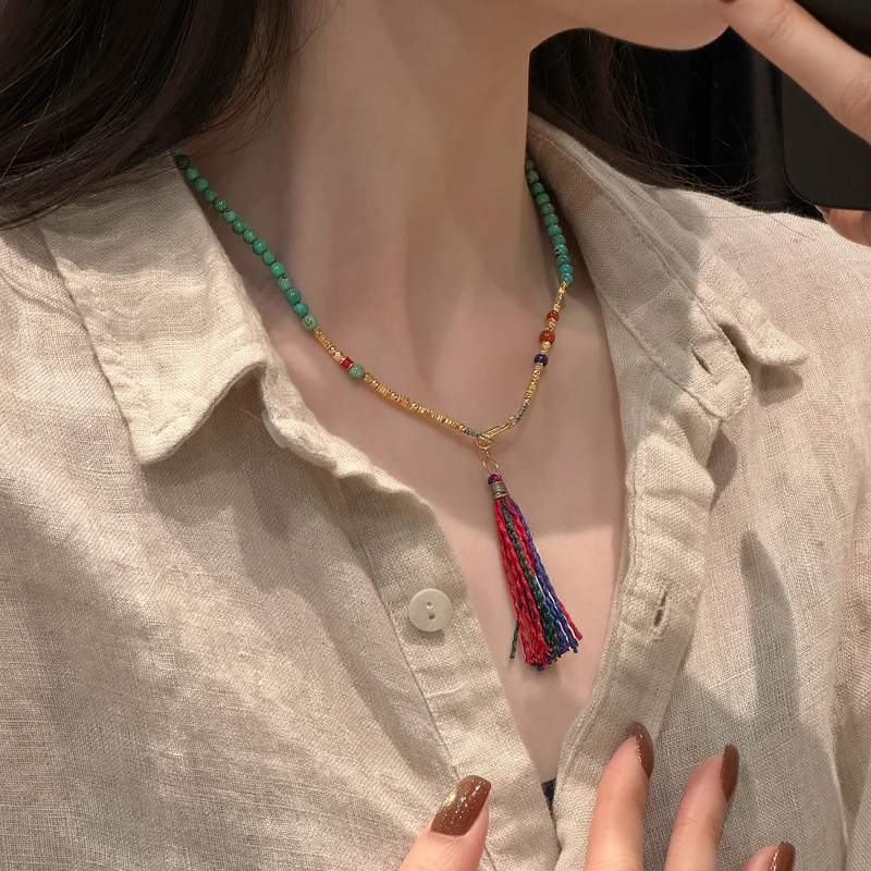 链子925银 <秋梦>N17841<孤品>金色碎银串珠彩绳流苏项链