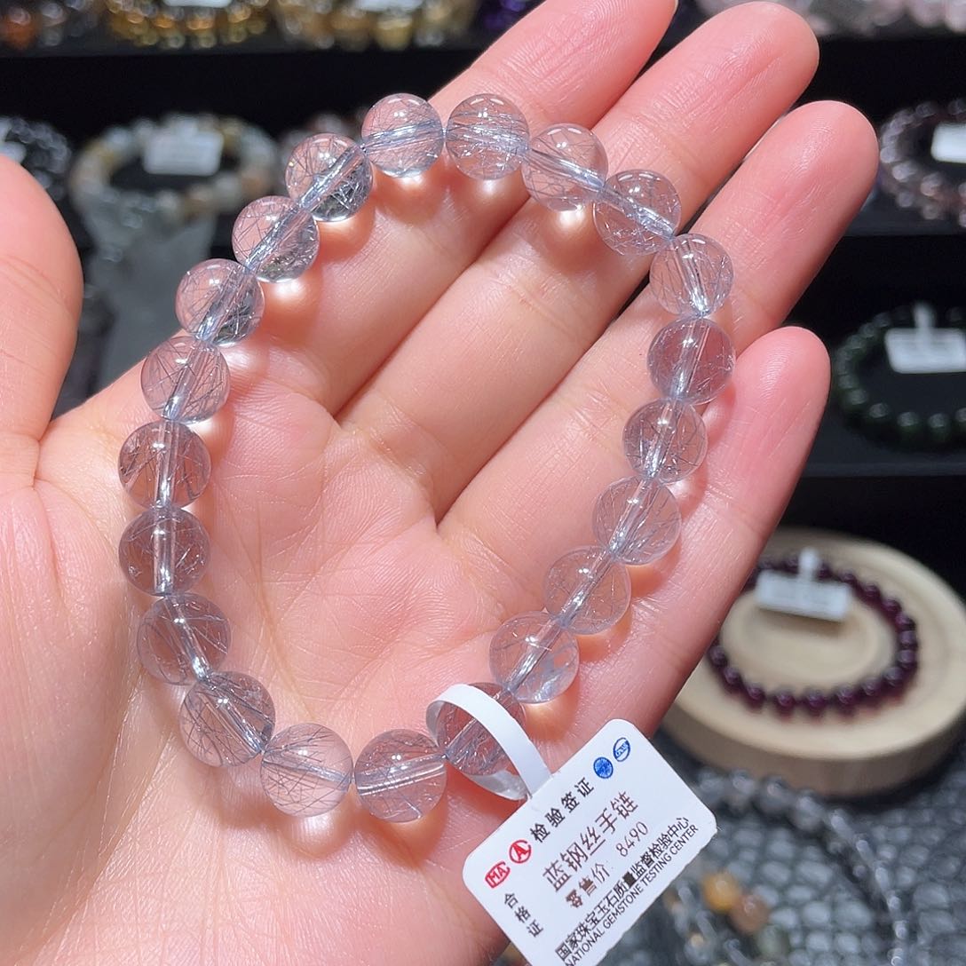 水晶手链未镶嵌蓝钢丝手链，晶体通透