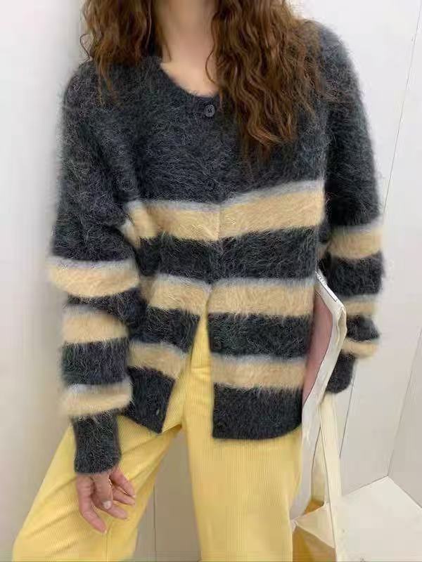 2012 小蜜蜂拼色毛针织衫圆领拉毛开衫女