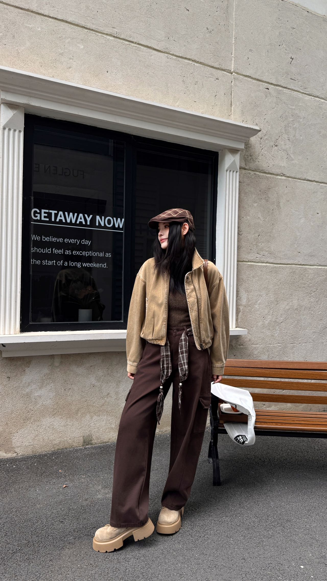 2017弯刀工装裤丹宁风高腰秋季微弹无弹女牛仔裤冬季加厚韩版咖色