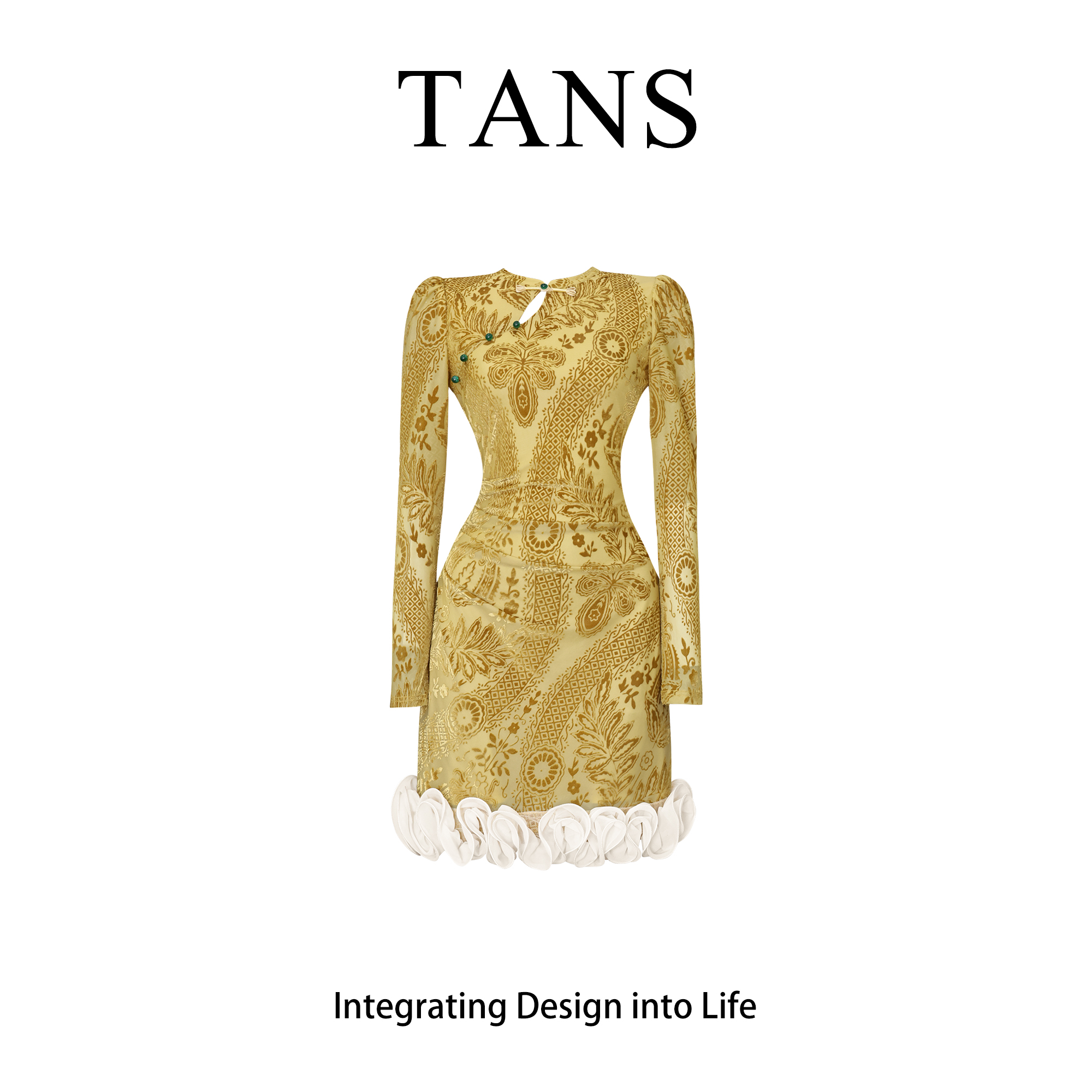 现货 TANS【秋季新品】新中式气质金色拼接网纱设计感短款连衣裙