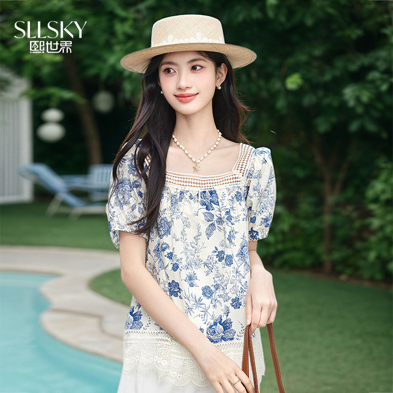 熙世界蓝色碎花女士夏季法式蕾丝花边方领衬衫1B2SC052