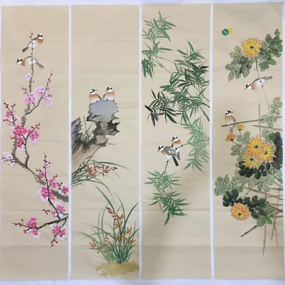 国画梅兰竹菊四条屏适合客厅茶室装饰未装裱140*140公分