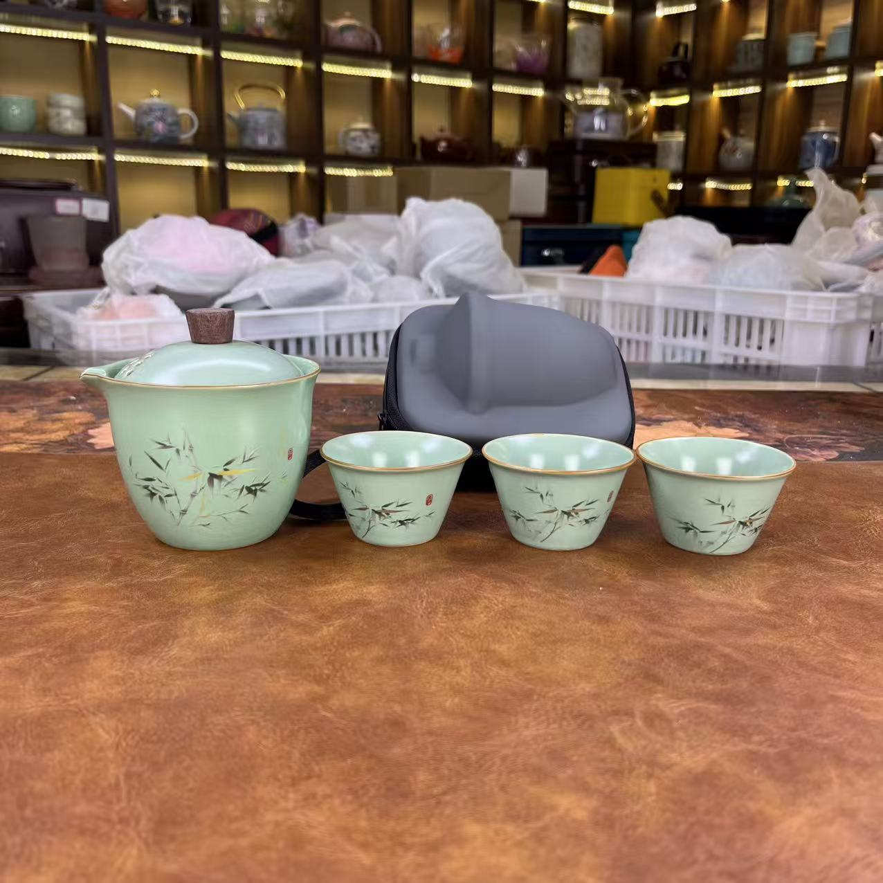绿色富竹1壶3杯旅行套装便携实用方便1870