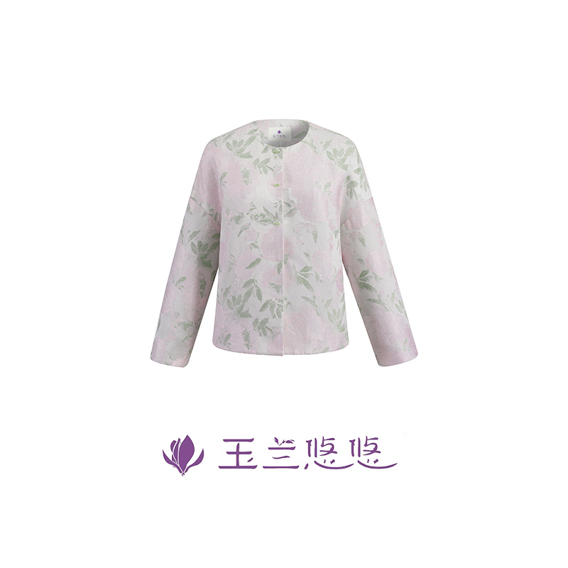 玉兰悠悠2025新款秋冬“花漾玉竹”薄款粉绿交织花纹棉衣中式短外套