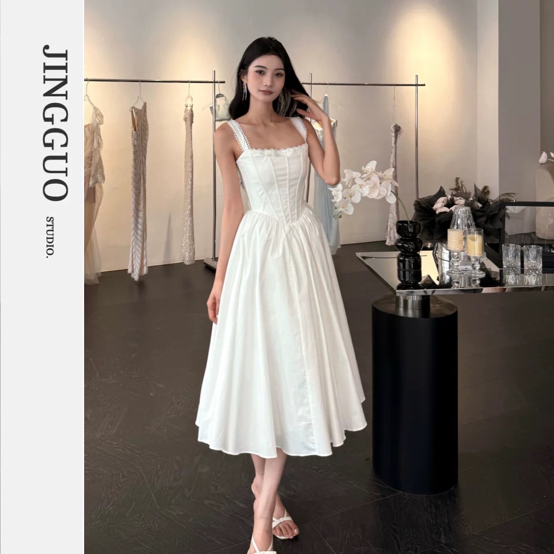 【JINGGUO轻奢】小众设计感法式白色庄园气质法式收腰长裙7439