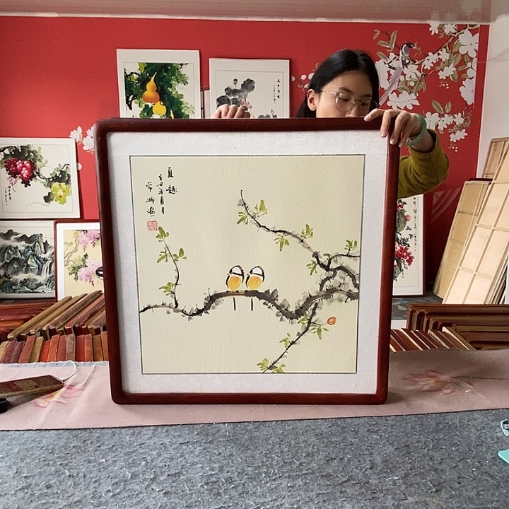 国画手写手绘带框包邮国画作品62✖️62