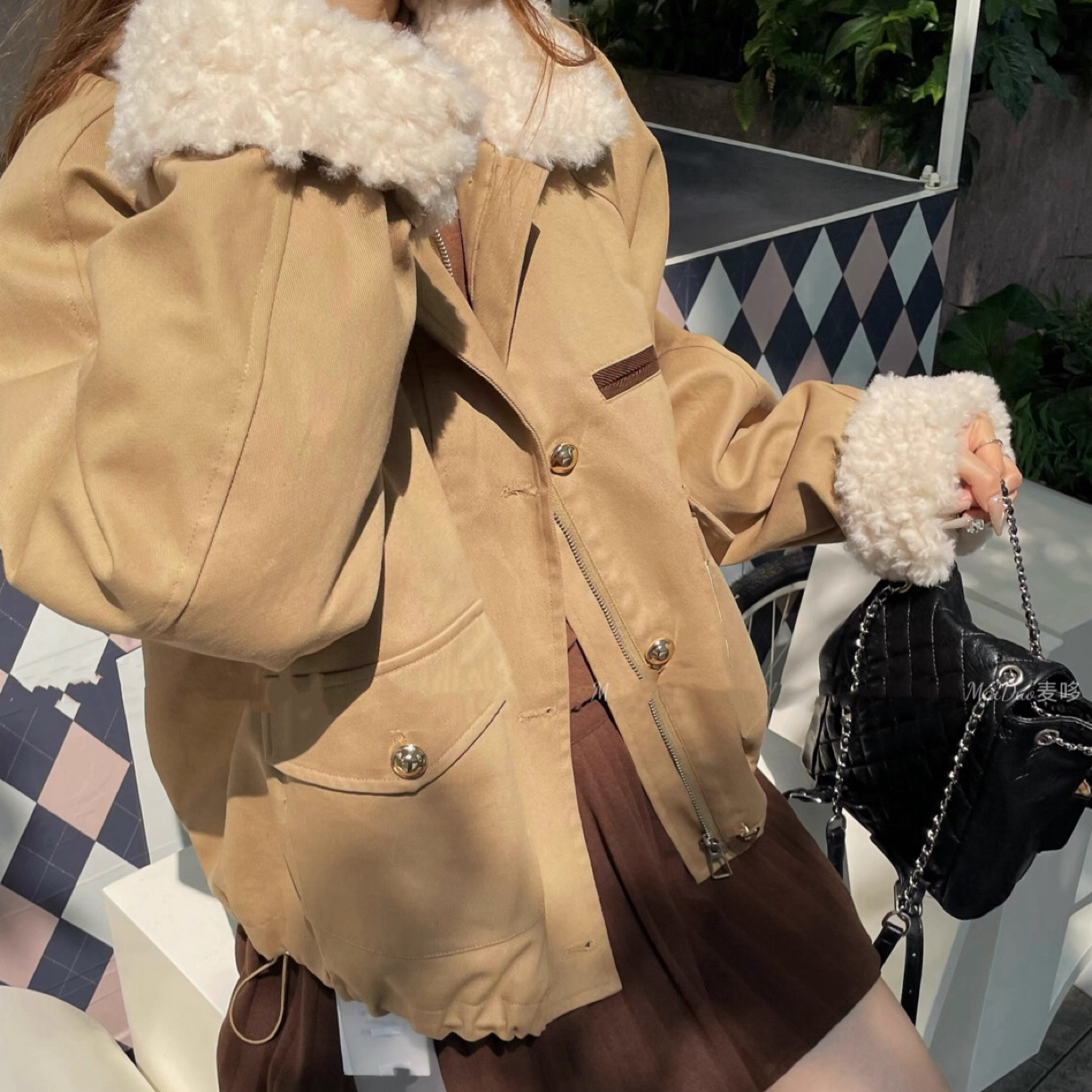 209赵露思同款羊卷毛拼接翻领派克服女冬设计感保暖休闲宽松外套