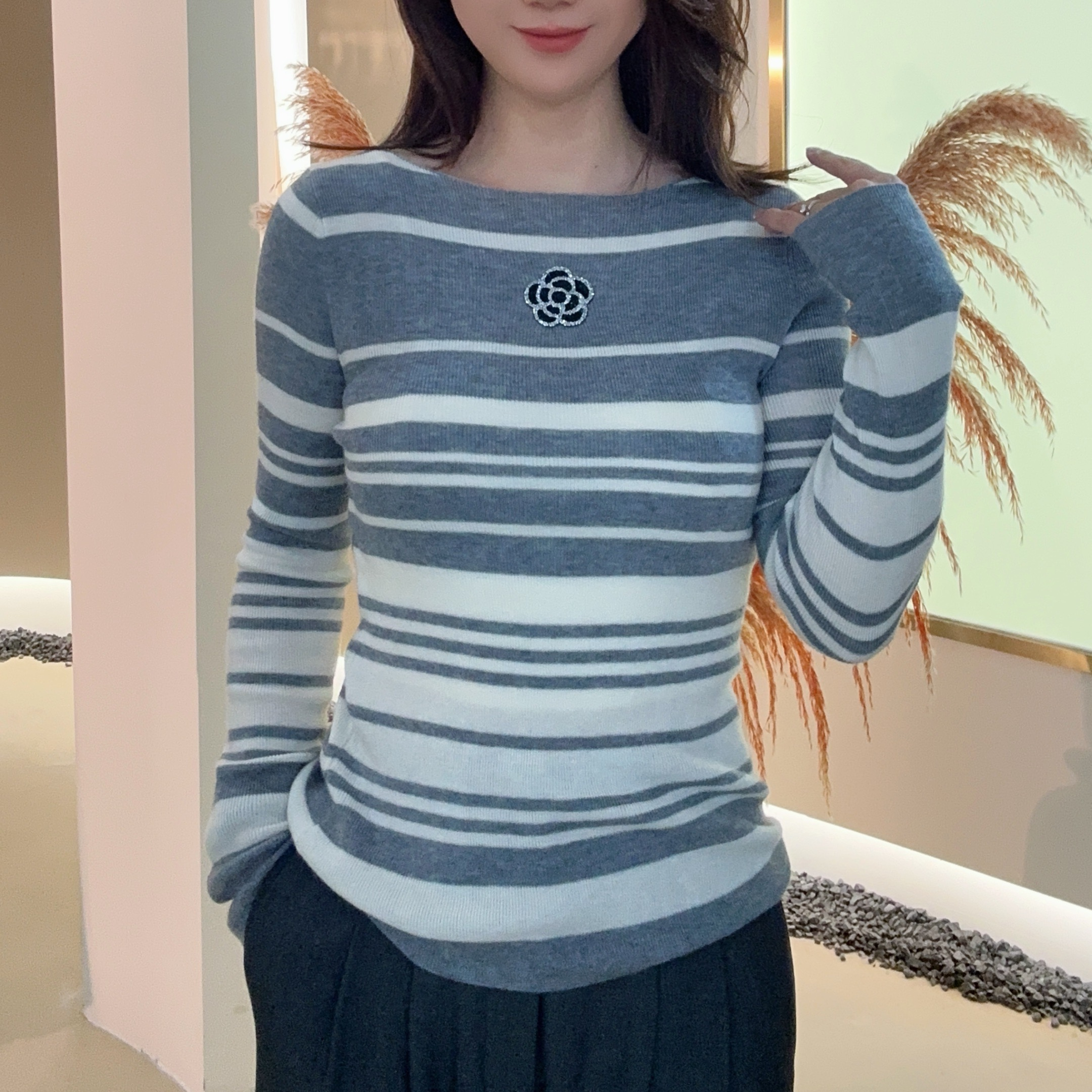 【MZMT】撞色秋冬季绵羊毛针织衫一字领气质条纹百搭套头显瘦-1989