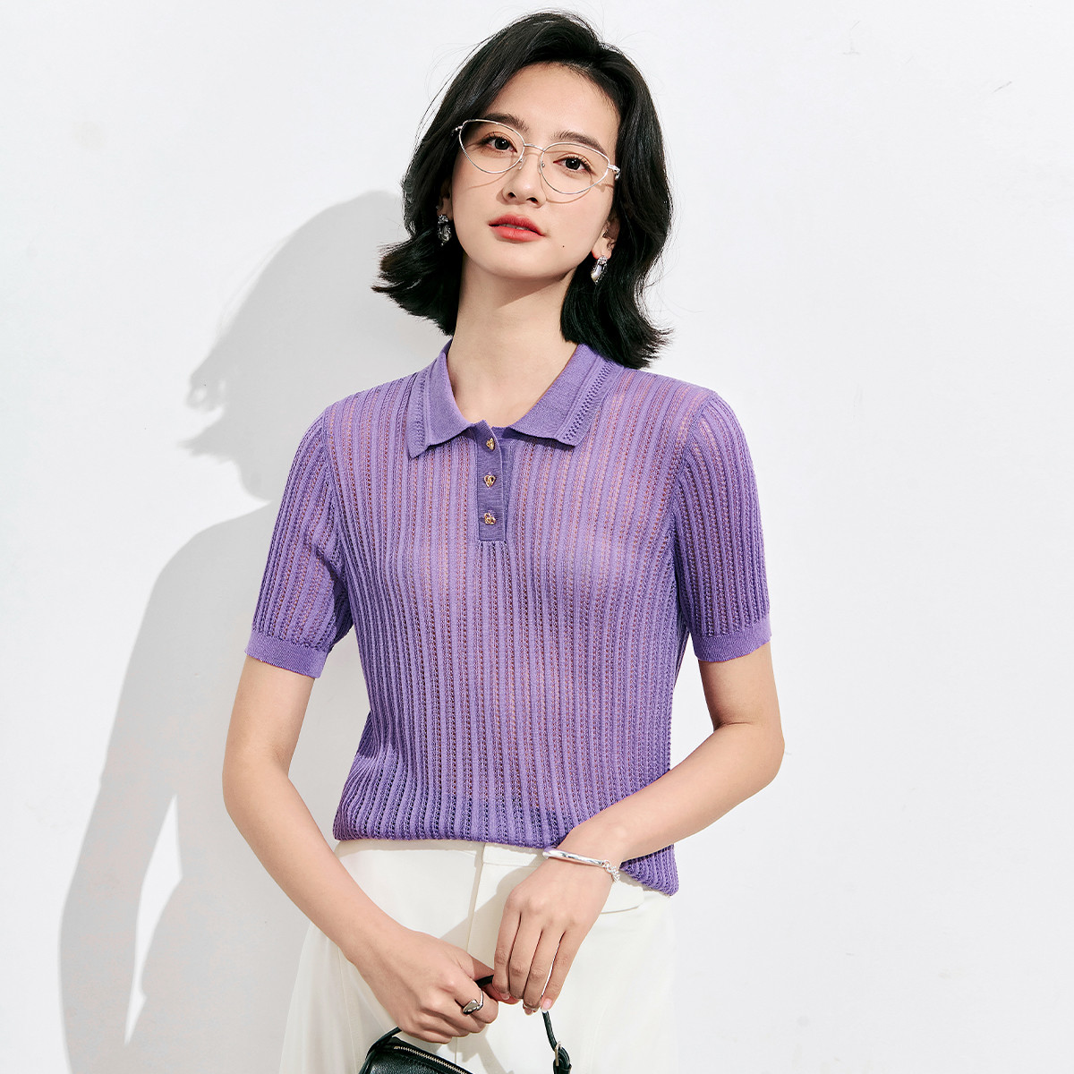 思诺芙德翻领镂空套头短袖女士短袖针织衫