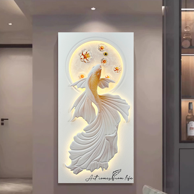 正对门立体砂岩奶油风浮雕锦鲤灯光玄关客厅走廊装饰画3d