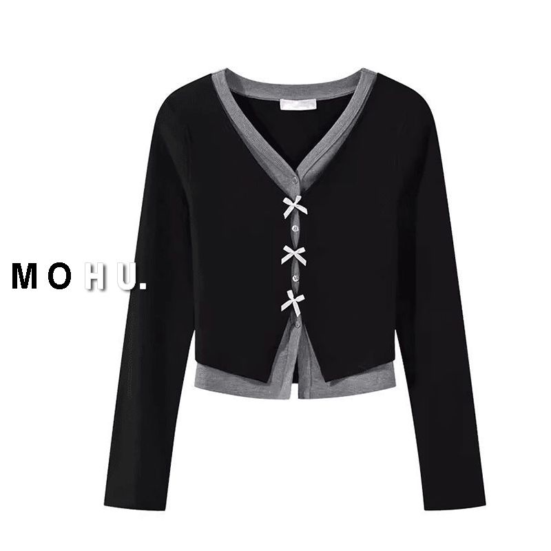 9092法式假两件撞色V领长袖开衫女新款修身显瘦休闲百搭短款上衣