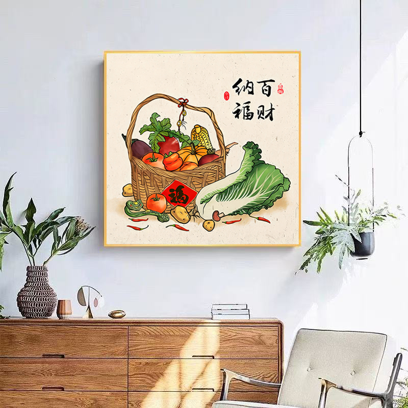6368-五谷丰登餐厅平面装饰画新中式寓意好百财纳福画80*80