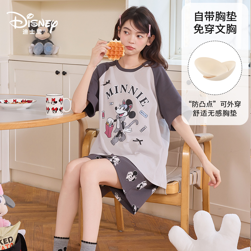 Disney迪士尼夏季套头纯棉短袖短裤带胸垫卡通动漫外出家居服0327
