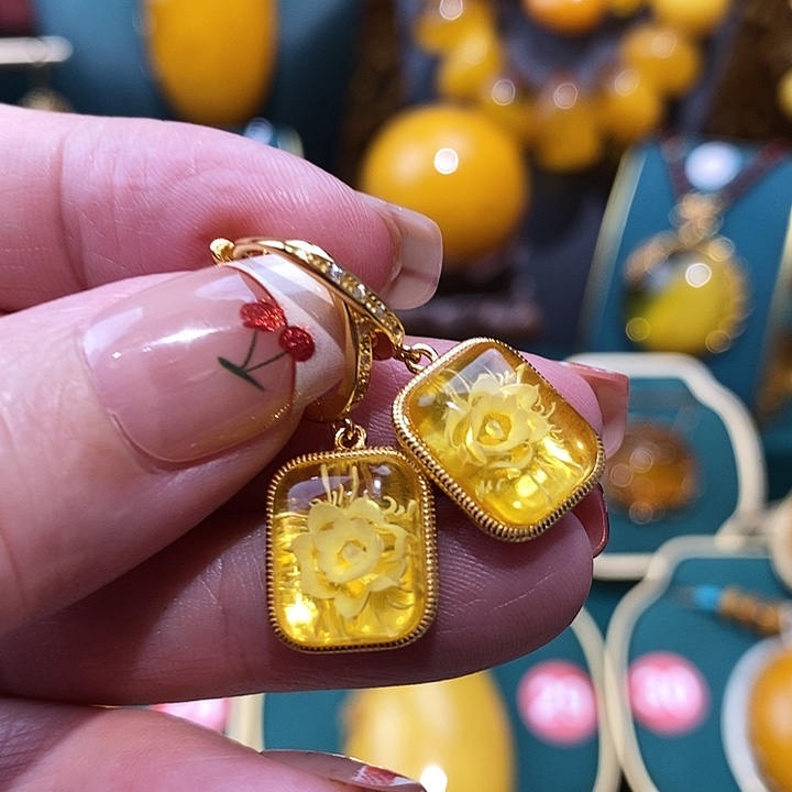 金珀耳饰银S925镀金镶嵌