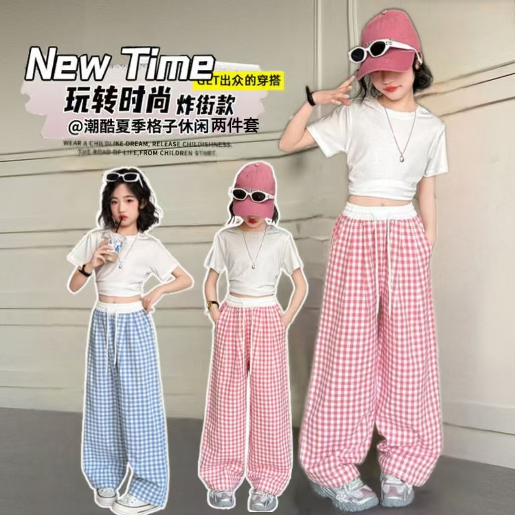 女大童休闲套装夏季新款韩版洋气时髦薄款女孩短袖阔腿裤两件2025