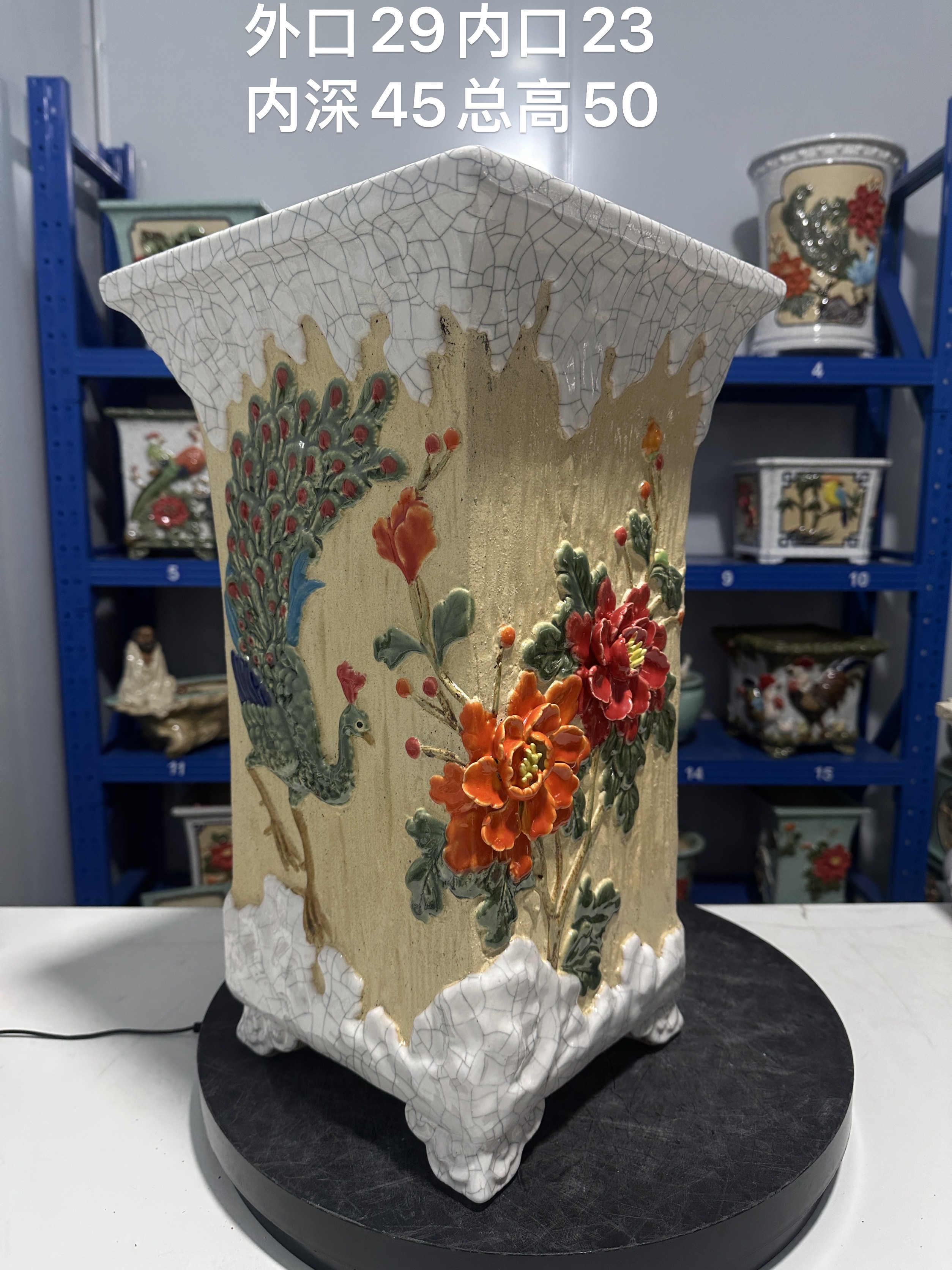 全手工高筒悬崖游龙盆贴花冰裂釉异形四方花盆
