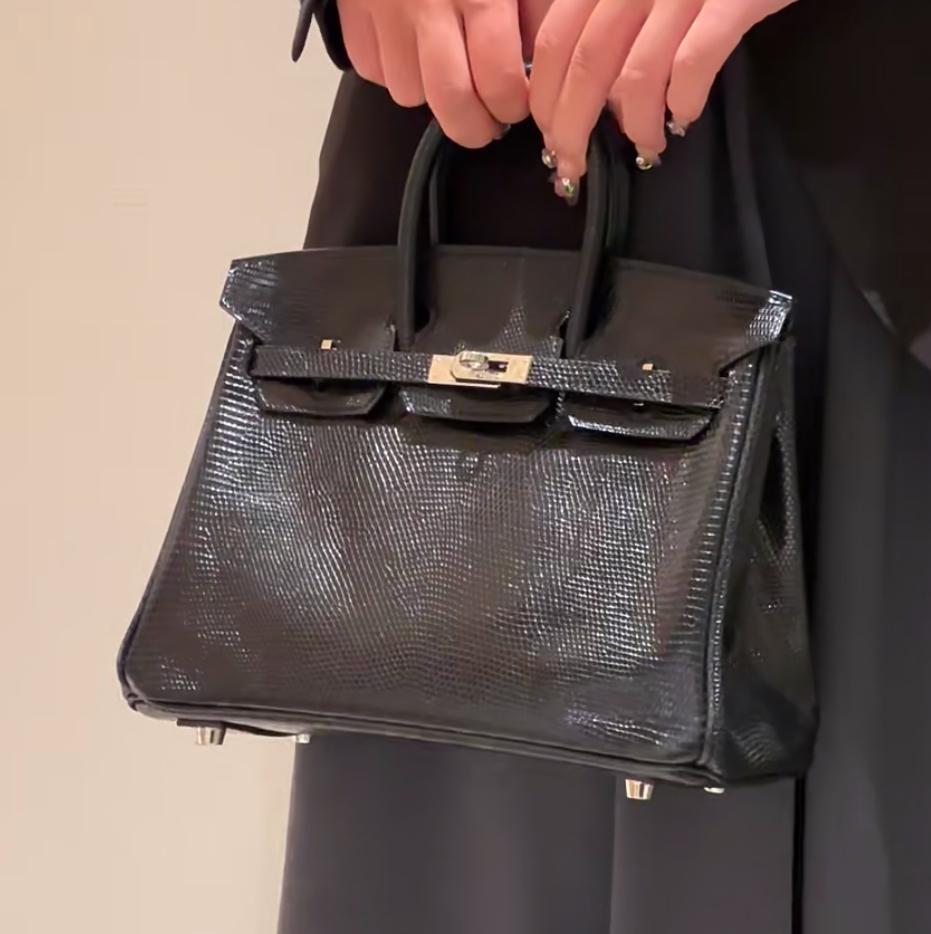 99新 Hermes/爱马仕 birkin25 黑银 蜥蜴 框Q