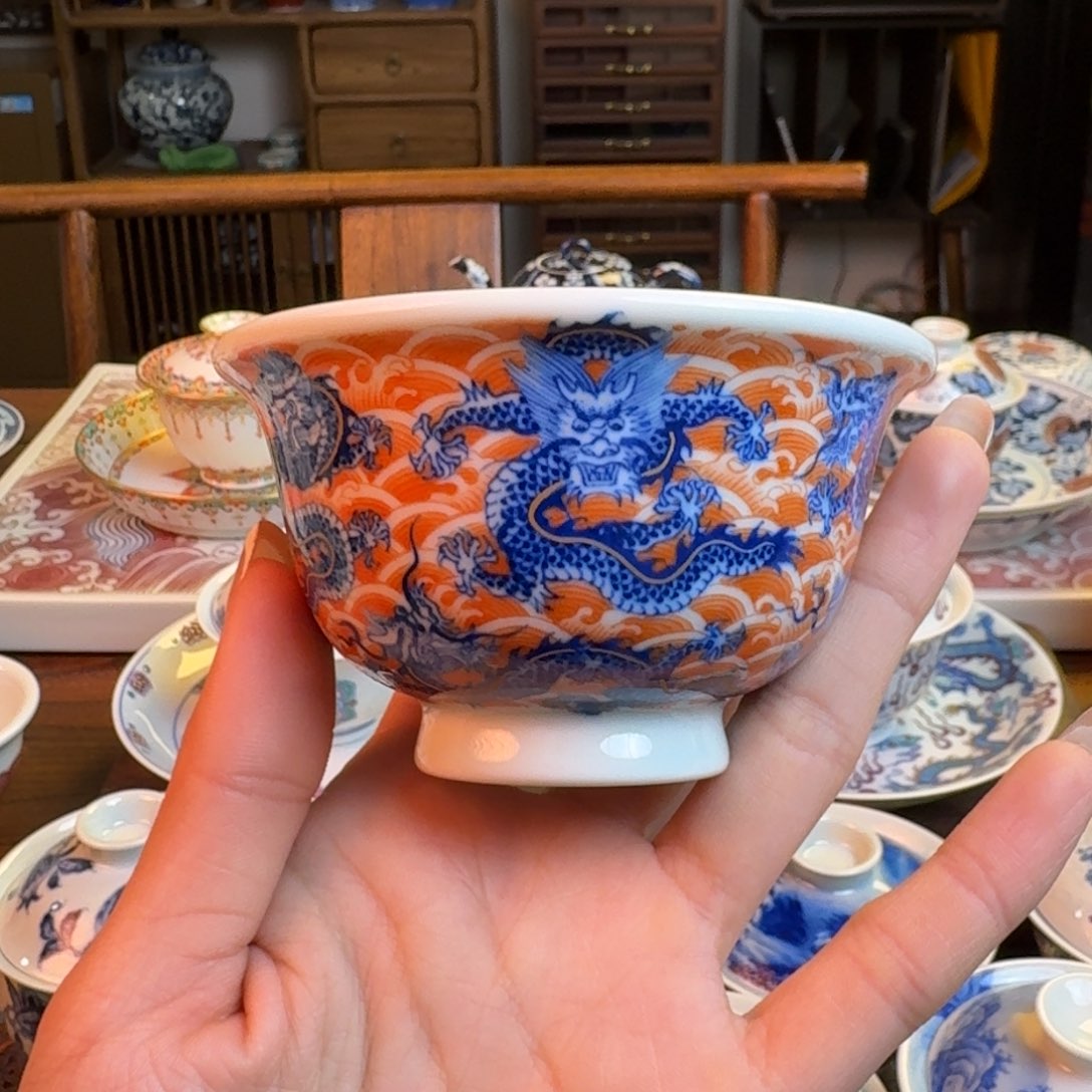 杯重工矾红九龙描金龙纹压手杯纯手绘