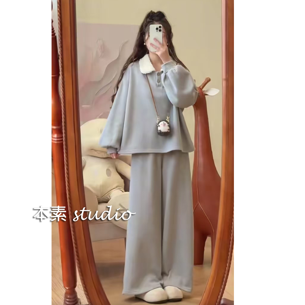 元气周末C5282加绒两粒扣毛绒拼接翻领卫衣