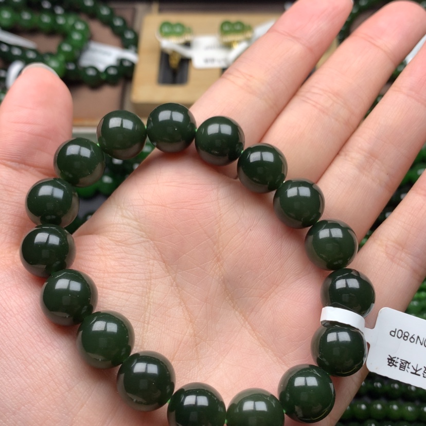 【闪购商品】未镶嵌手串和田玉（碧玉）12m老菠菜绿无黑