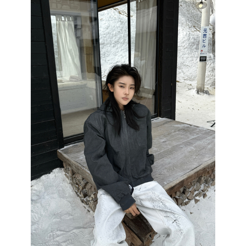 CLECUI高级感石灰廓形工装连帽夹克男女秋冬百搭cleanfit短款外套