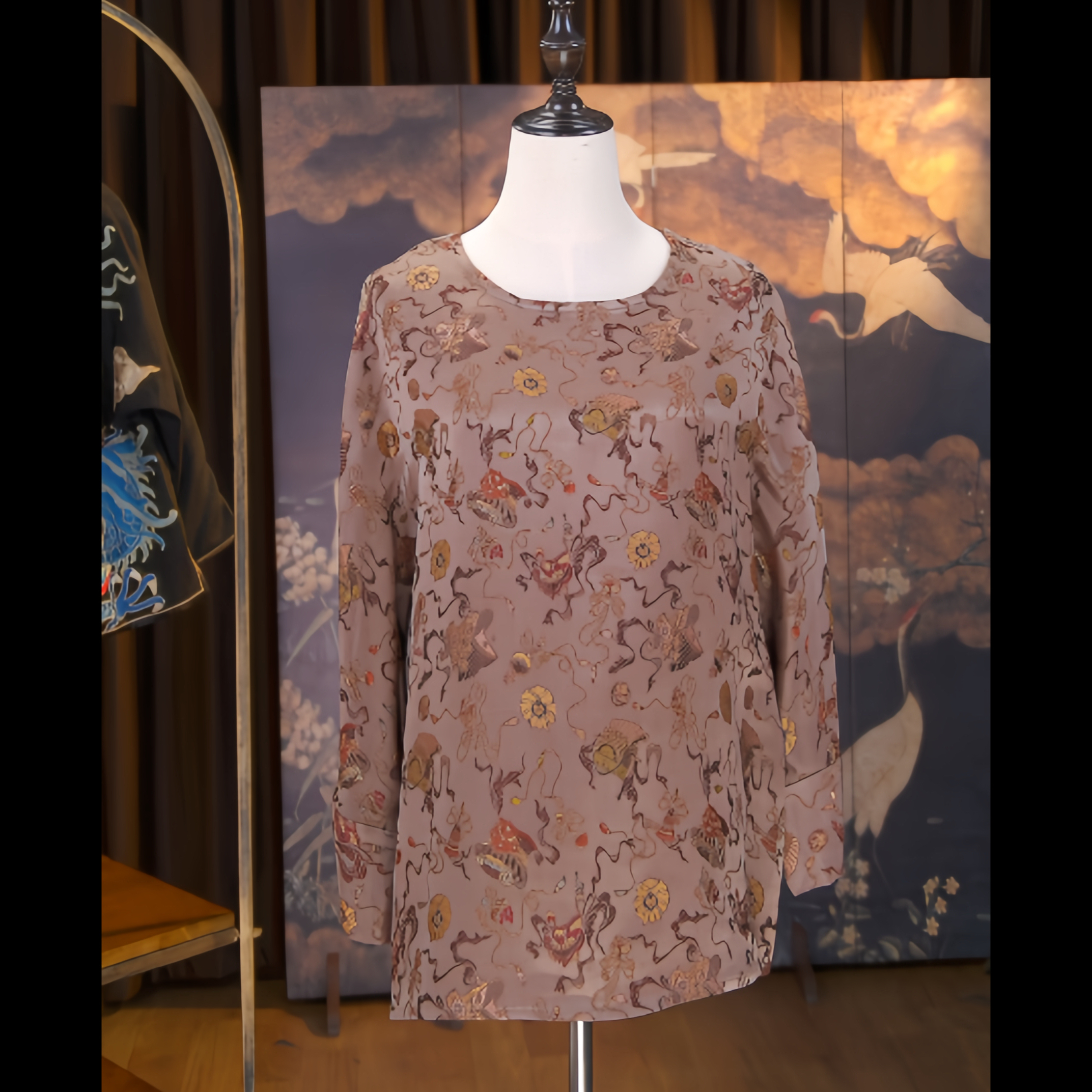 X00041云锦香云纱帽子中式圆领极简国风长袖上衣