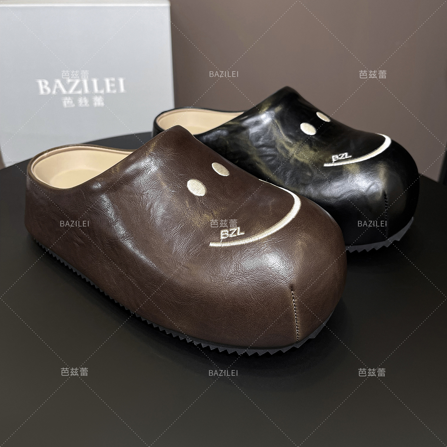 bazilei/芭兹蕾笑脸真皮厚底少女风包头拖软底黑色度假风时尚半拖