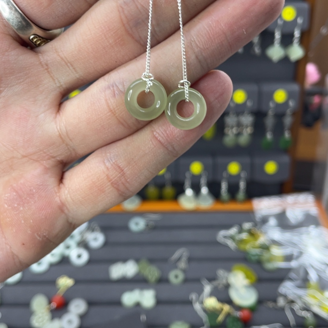 和田玉耳饰银S925镶嵌