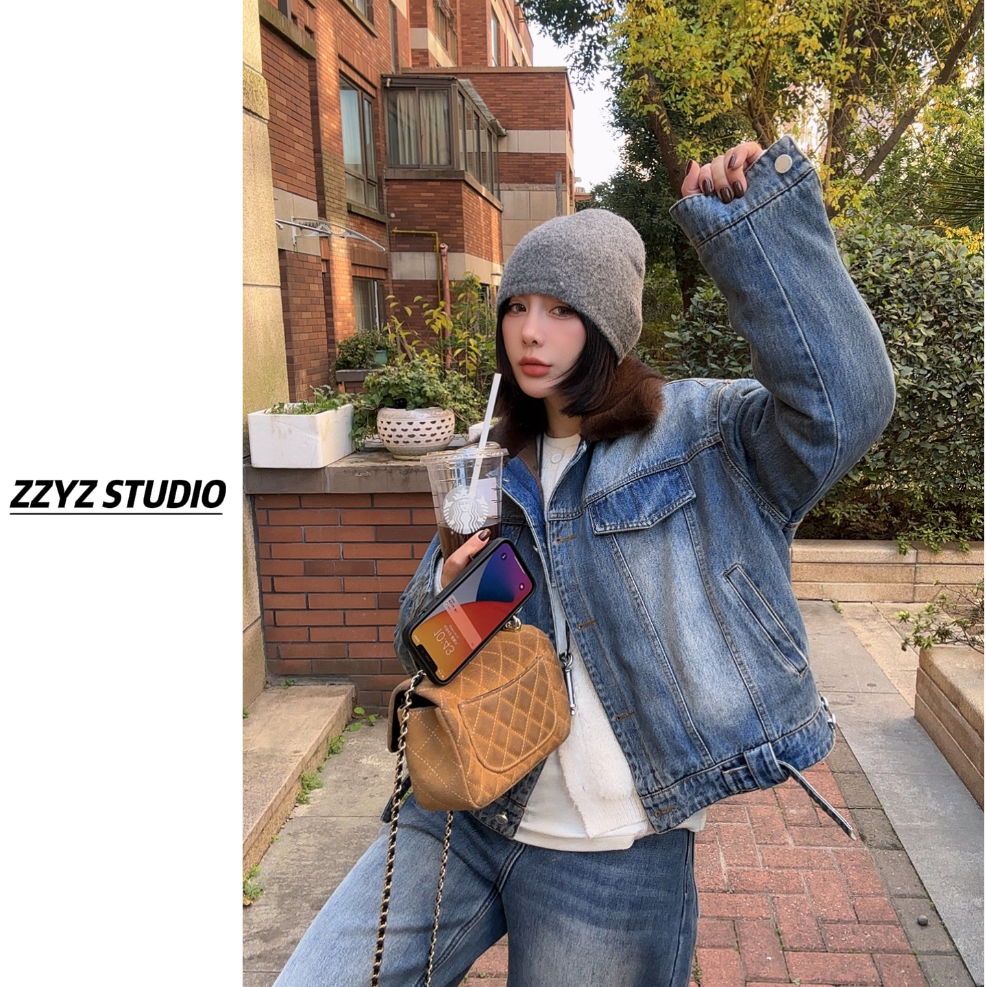 【ZZYZ】“蓝柑苏打”复古拼接翻领水貂羽绒牛仔外套