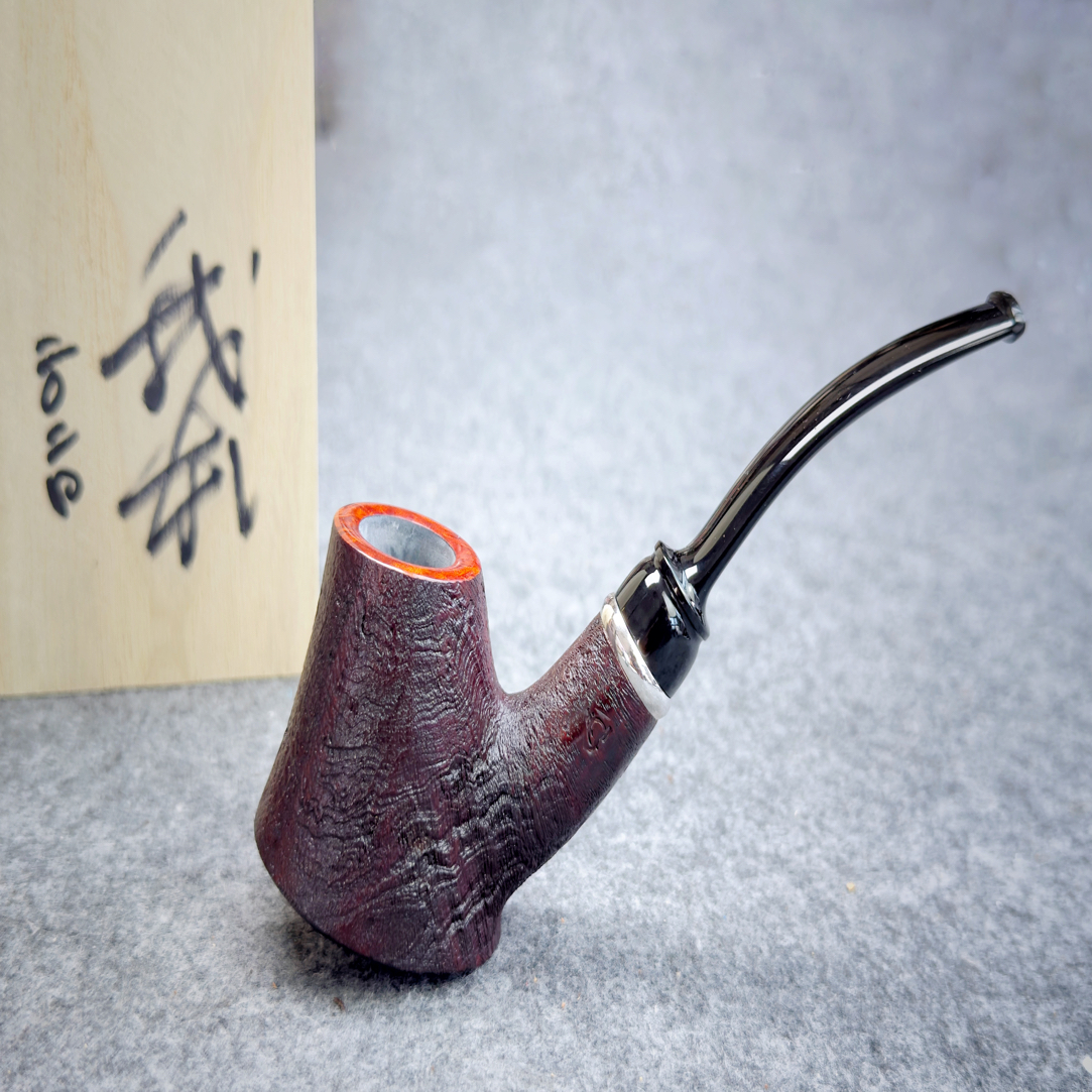 我本至真塔喷砂银圈火山石楠木手工烟斗