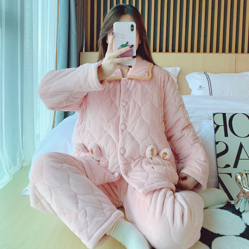 孕妇睡衣秋冬月子服产后婴儿绒加厚绒三层夹棉保暖哺乳喂奶家居服