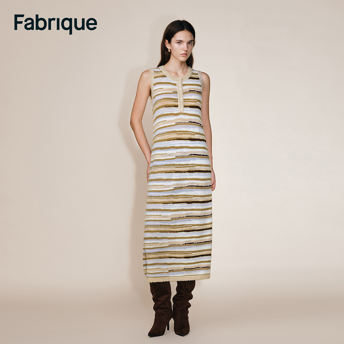 Fabrique 早春新品春野绿溪条纹段染圈圈绵羊毛背心针织连衣裙