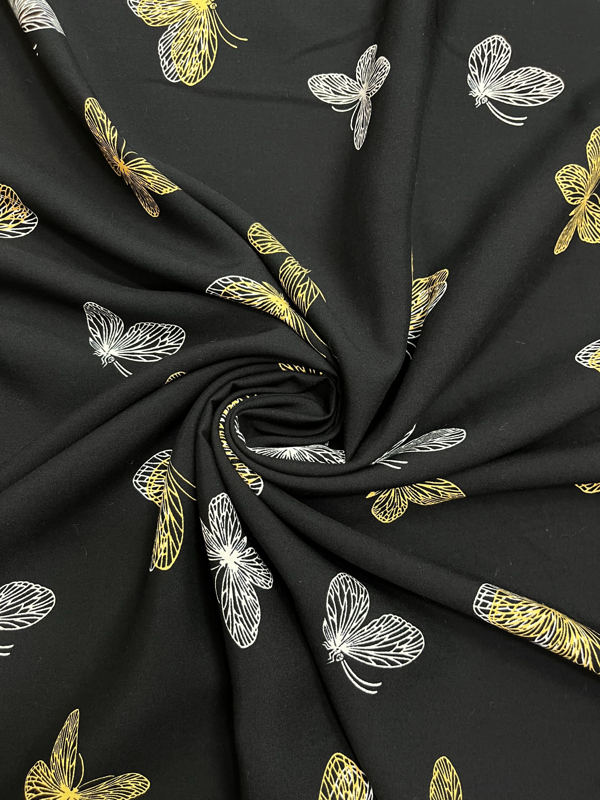 【绫绸】精品棉绸—墨底金白蝶