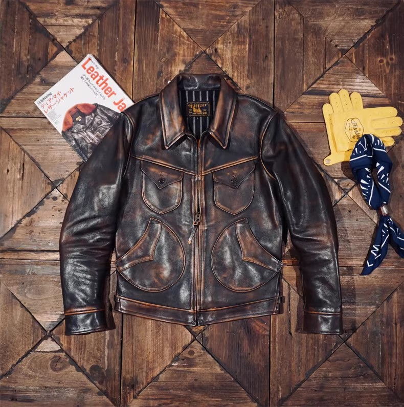 毕业版！RL风格重水洗做旧门多萨茶芯牛皮皮衣美式复古机车夹克男