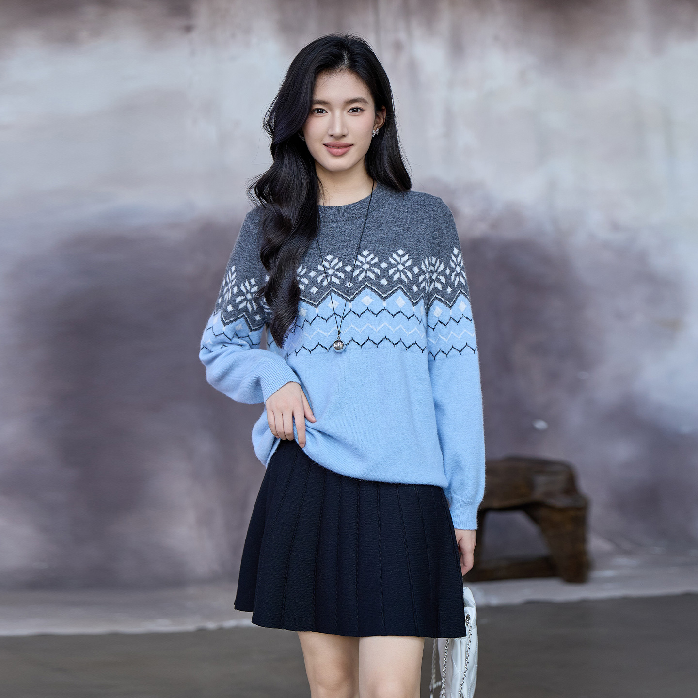 奢姿大码女装2025秋季时尚雪花图案几何拼色毛衣胖妹妹气质针织衫