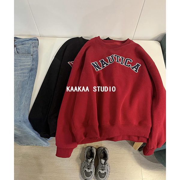 REKAYYAT“姜饼”韩版时尚洋气百搭冬季新品字母贴布绣加绒圆领卫衣