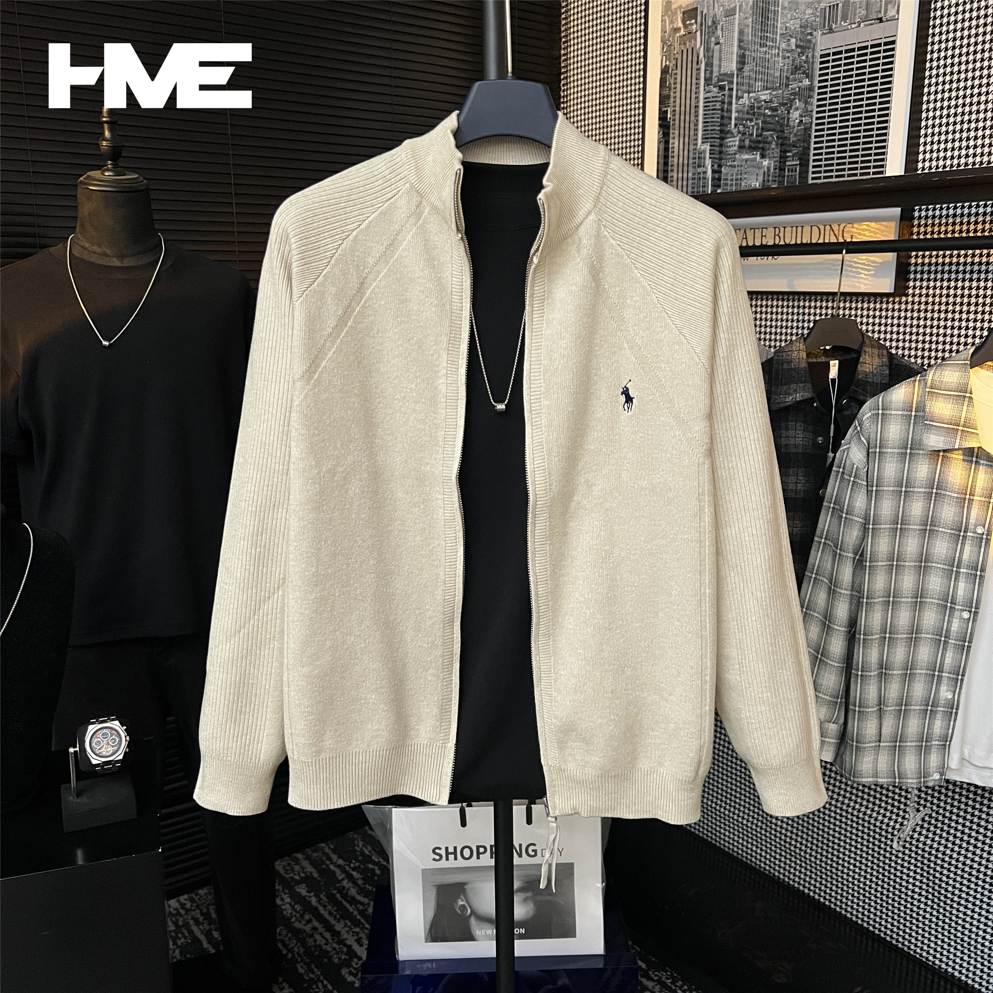 【HMEYAO】【老钱风细腻坑条针织开衫】慵懒风刺绣高级立领外套毛衣