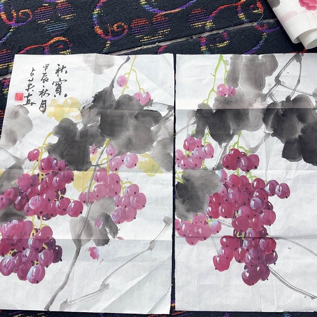 国画刘占英四尺三开花鸟两张朱