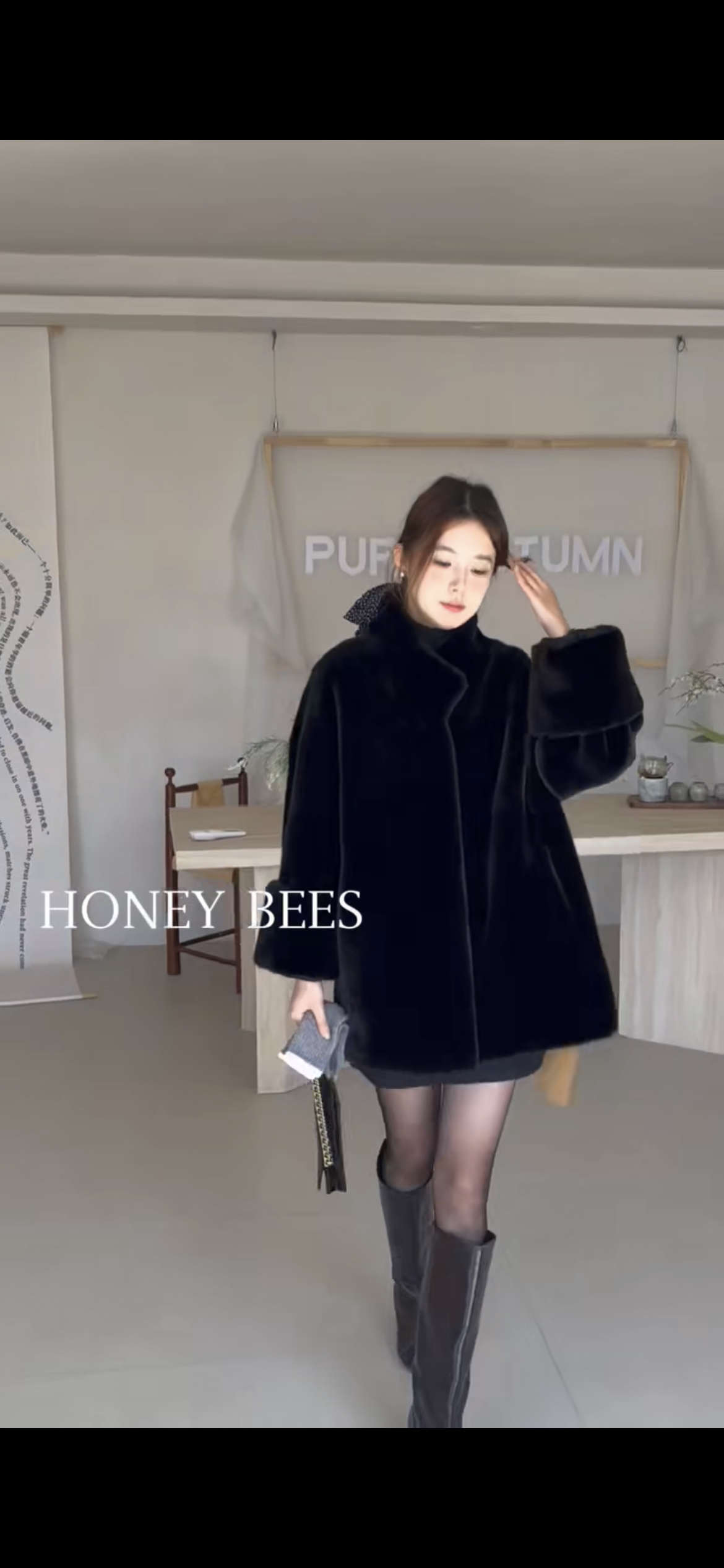 环保毛中长款袖口翻卷边