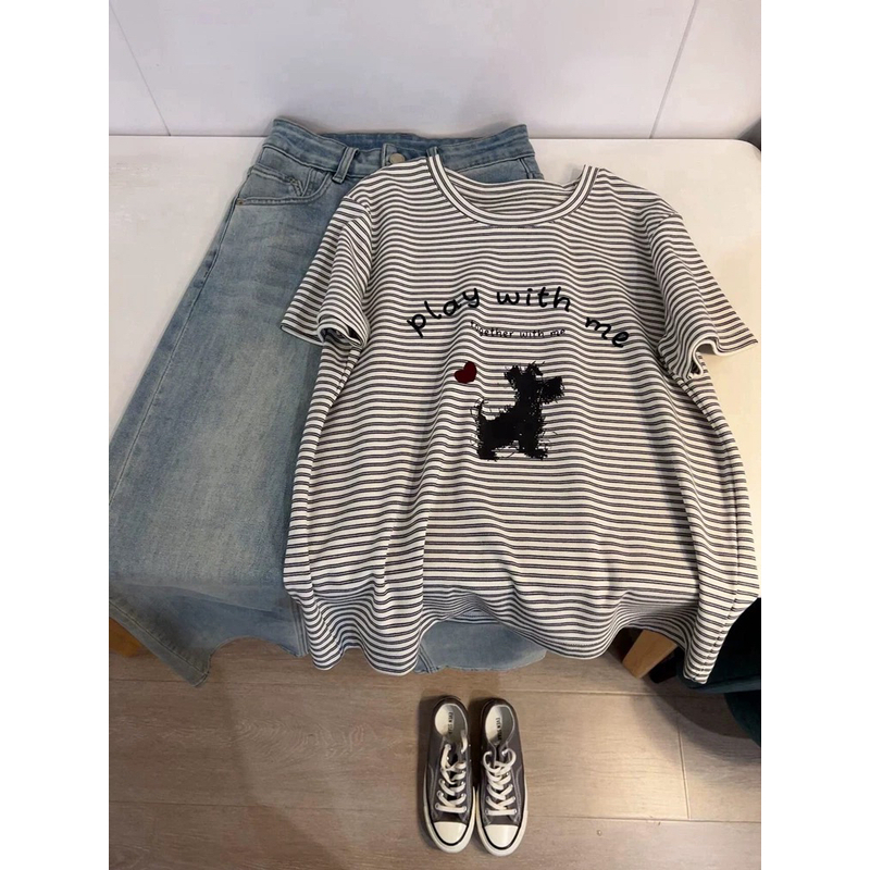 ARRLMORRE品牌【条纹小狗】撞色条纹卡通减龄韩版棉T短袖