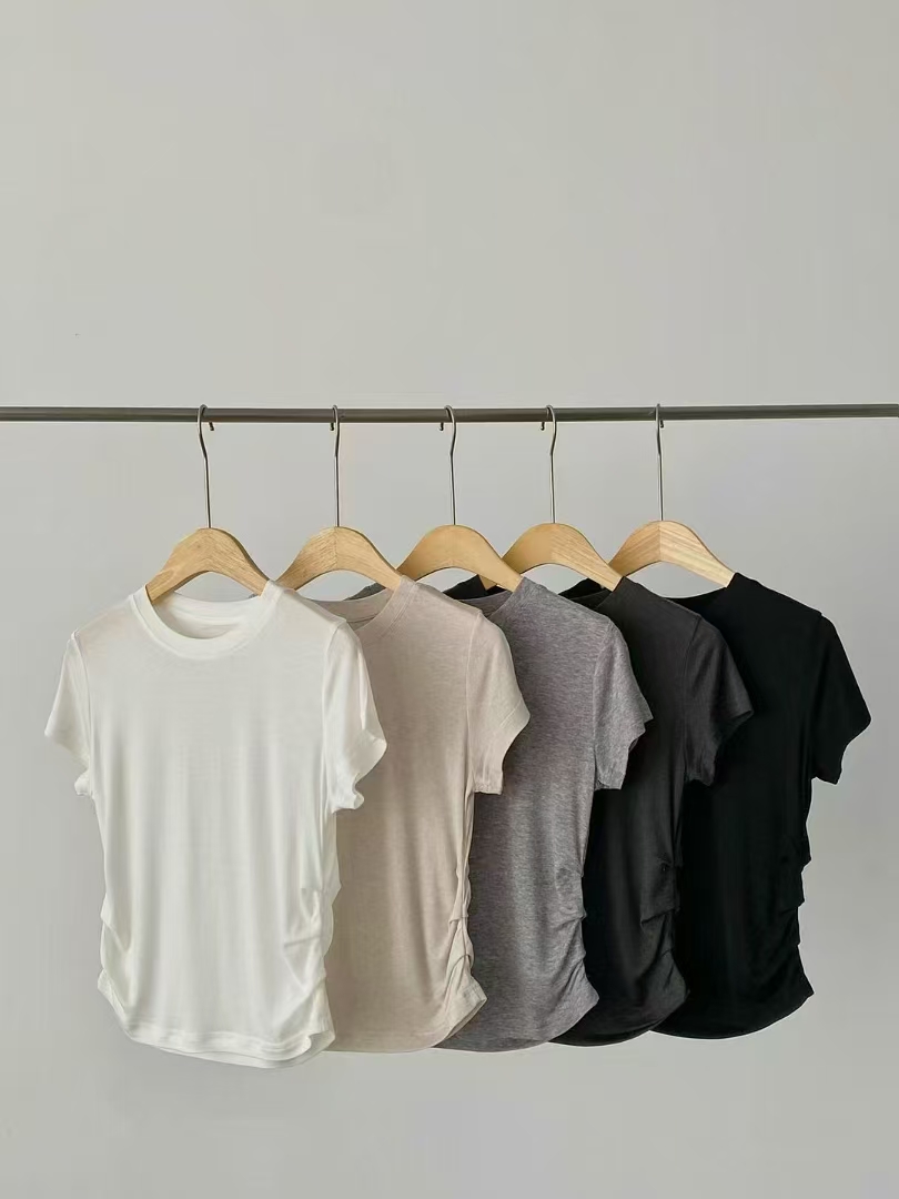 绵羊毛薄款弹力软糯夏季褶皱收腰显瘦简约短袖T恤打底衫时尚修身