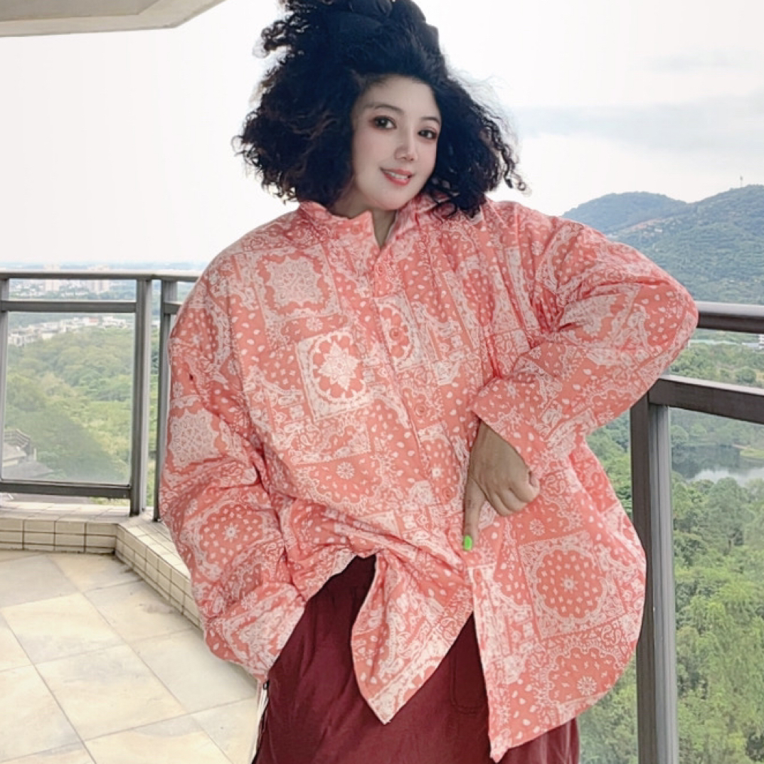 文艺复古印花长袖立领开衫衬衫宽松休闲风格上衣