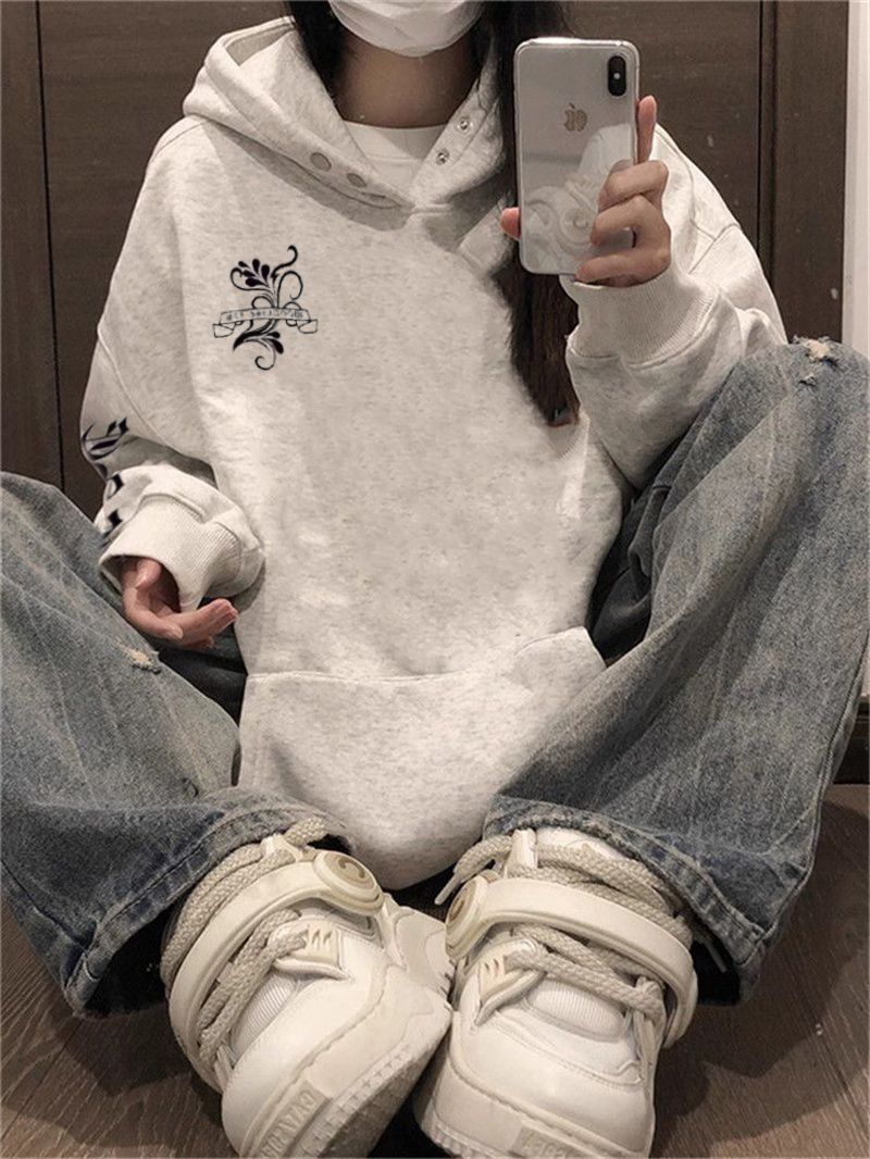 【MAEP】重磅纽扣连帽卫衣女秋冬款爆款花灰色加绒加厚休闲百搭上衣