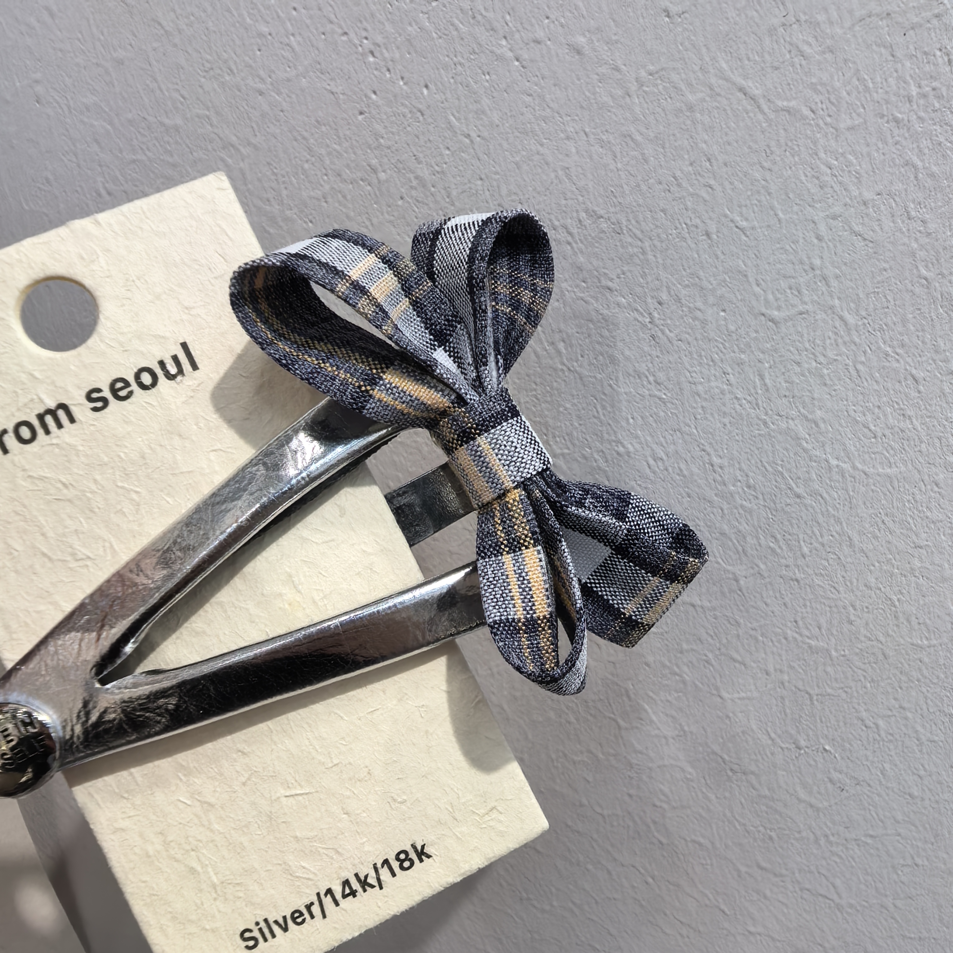 C646蓝色格子蝴蝶结银色三角掰掰夹