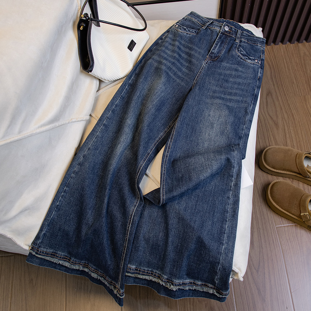 2025新款百搭牛仔裤高腰秋季宽松休闲阔腿裤磨白牛仔裤