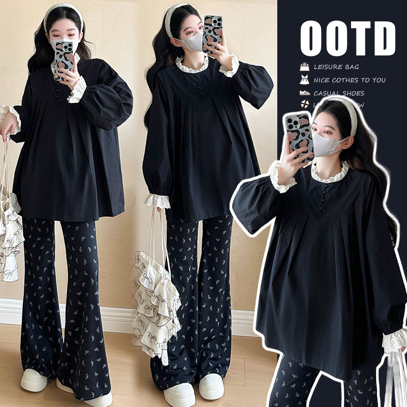 现货春季新款韩版衬衫娃娃领蕾丝拼接孕妇套装两件套